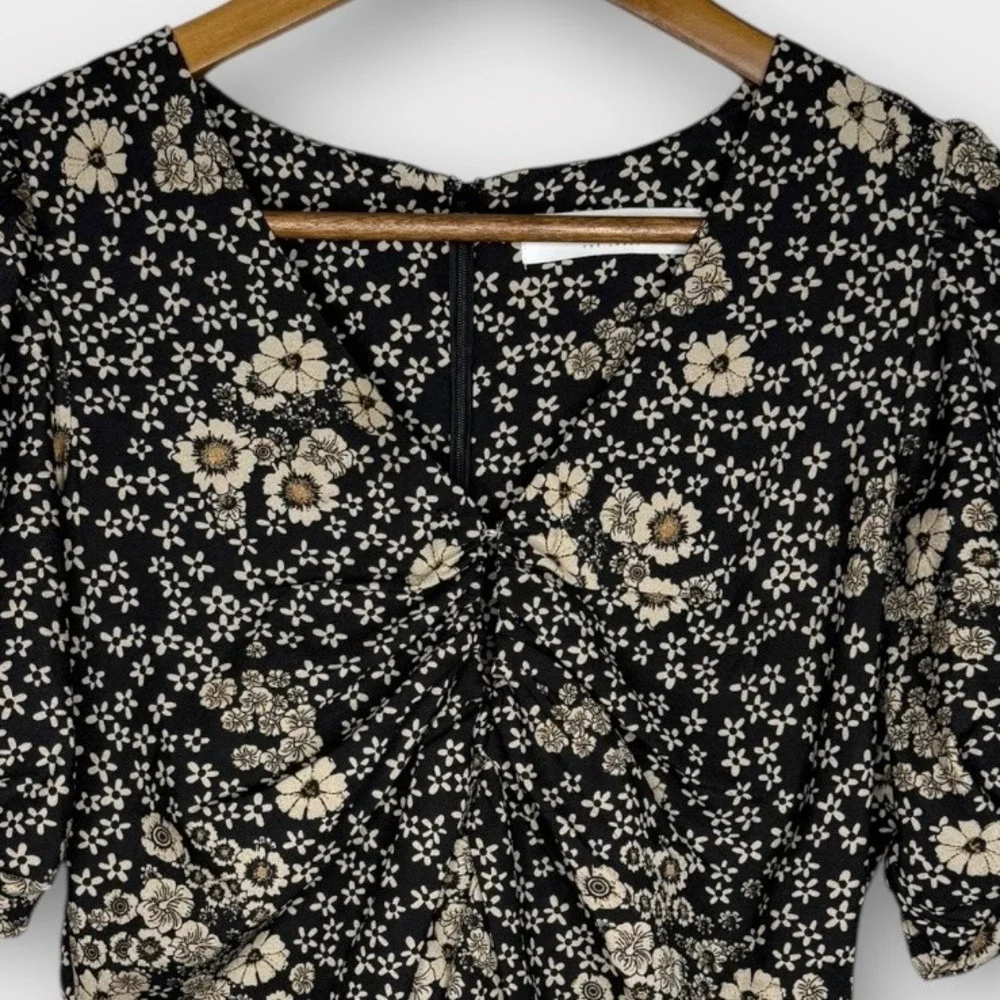 ASTR Multi Floral Black Taupe Balloon Puff Sleeve Top Deep V Whimsygoth Sz Small